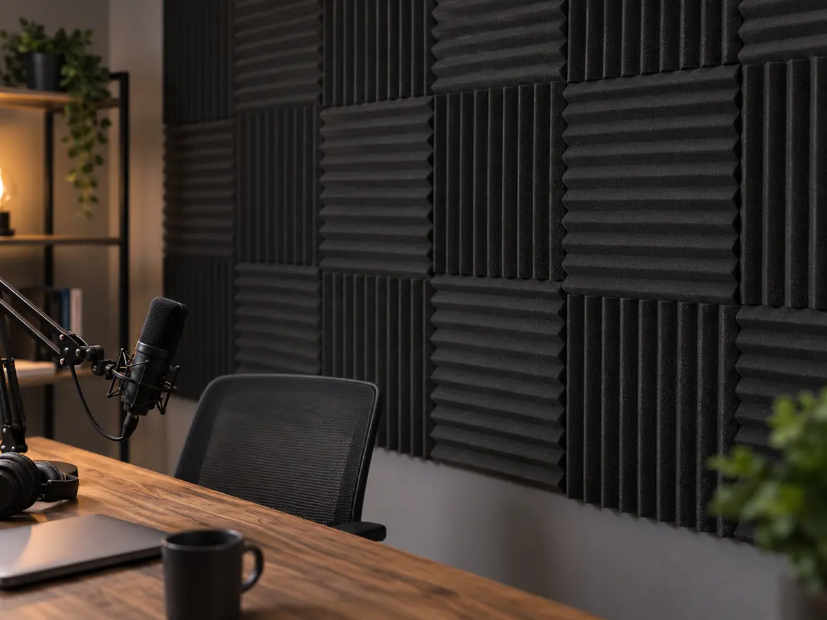 Acoustic foam panels installed in a small recording studio
