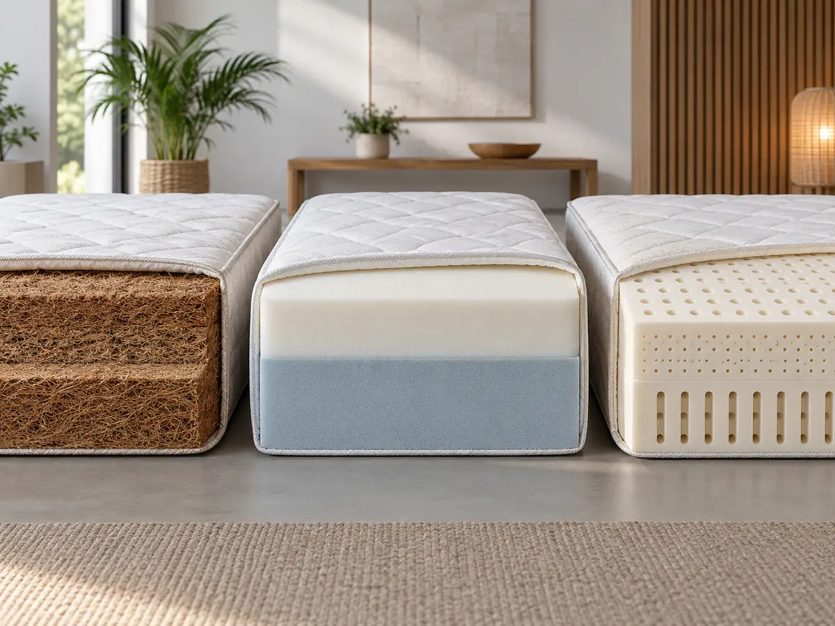 Cutaway samples showing coir, foam and latex mattress constructions