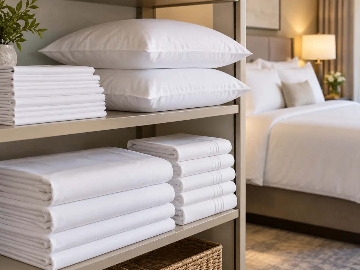 Crisp white hotel bedsheets and pillowcases arranged on a linen shelf