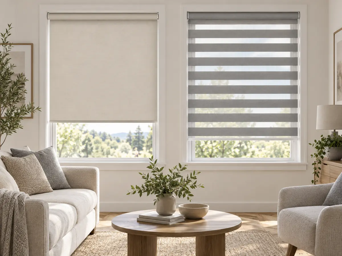 Roller blind and zebra blind installed on adjacent windows