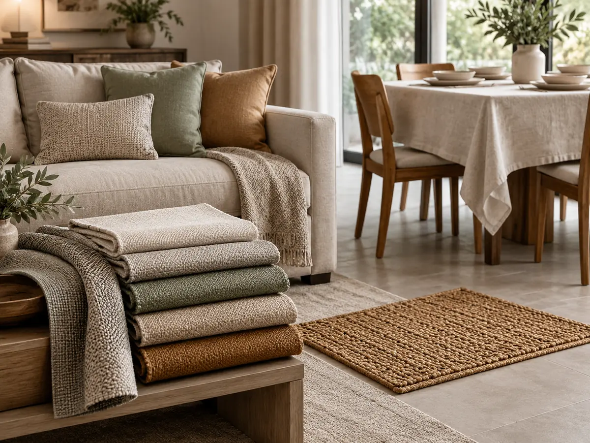 Sofa upholstery fabrics, dining cloth and doormat in a warm home interior