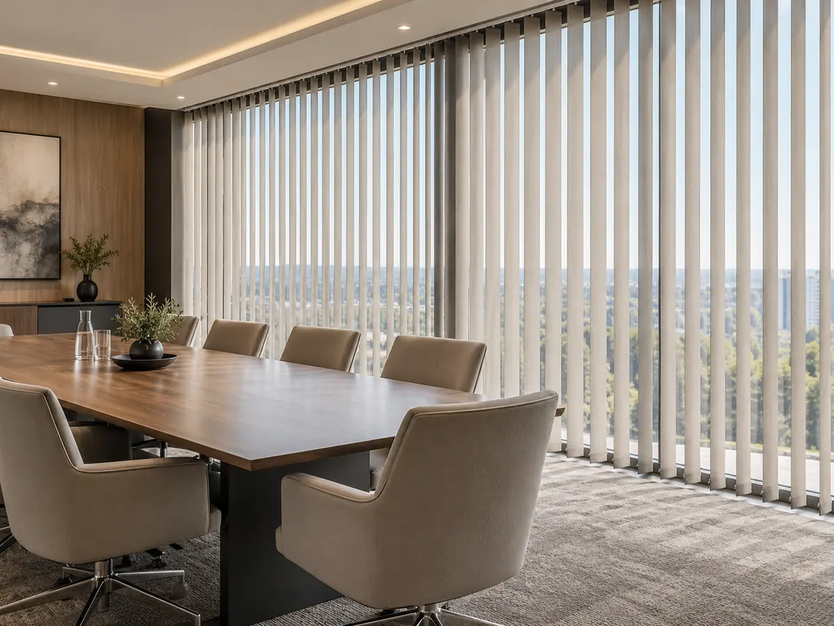 Vertical blinds installed across wide office windows